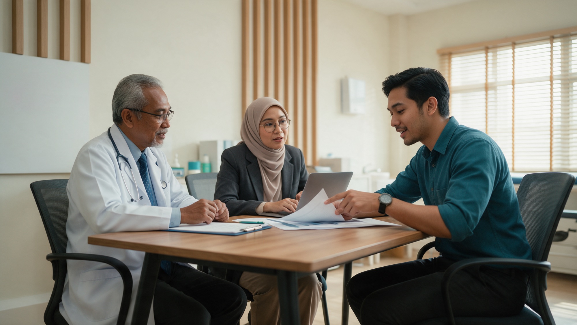 Three Mafar healthcare leaders in discussion at a clinic office table.