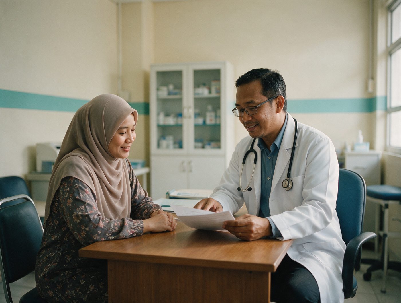 A doctor explaining a document to a patient in a clinic room.