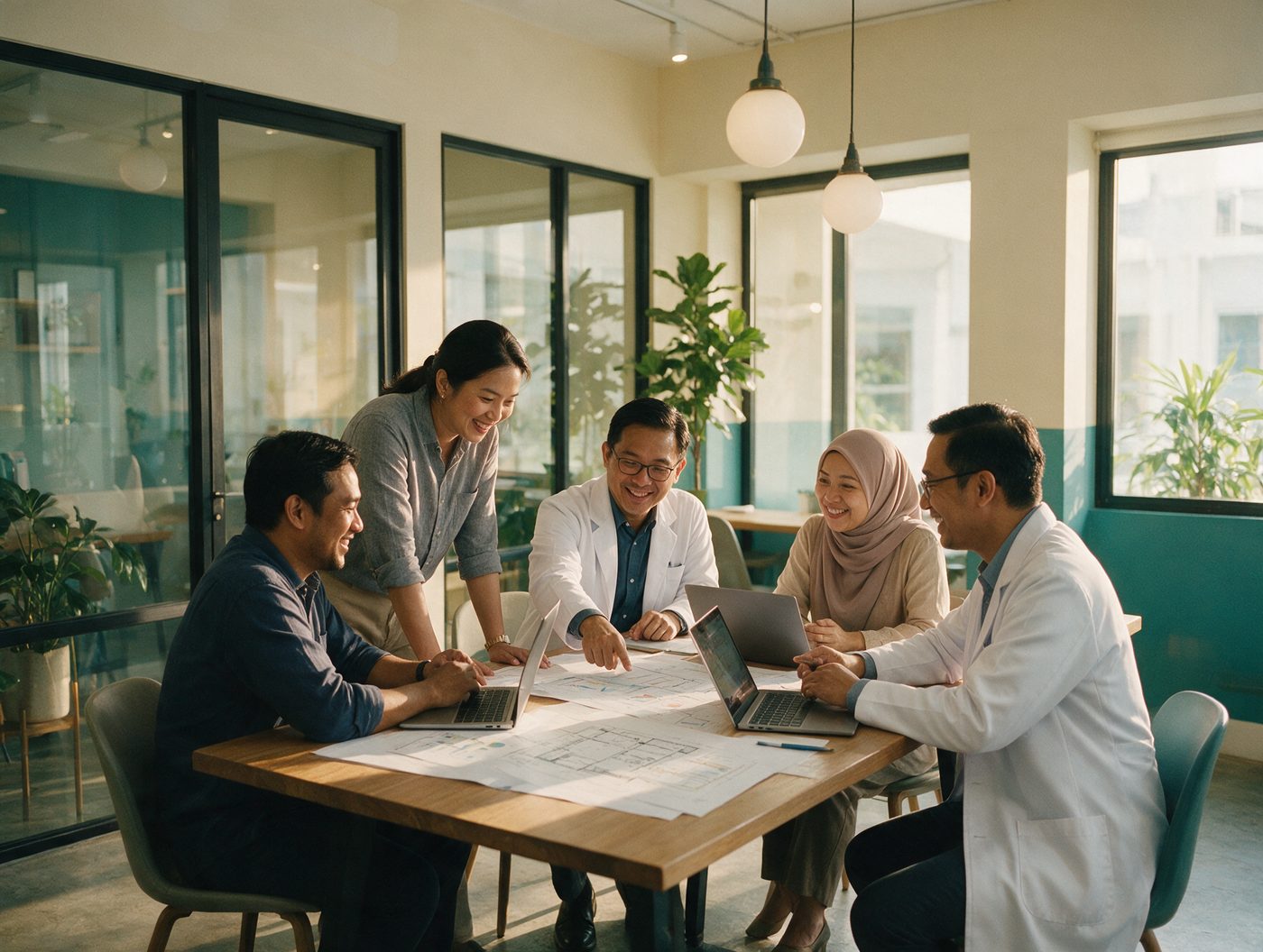 Clinic owners and health partners in a working meeting around a table.