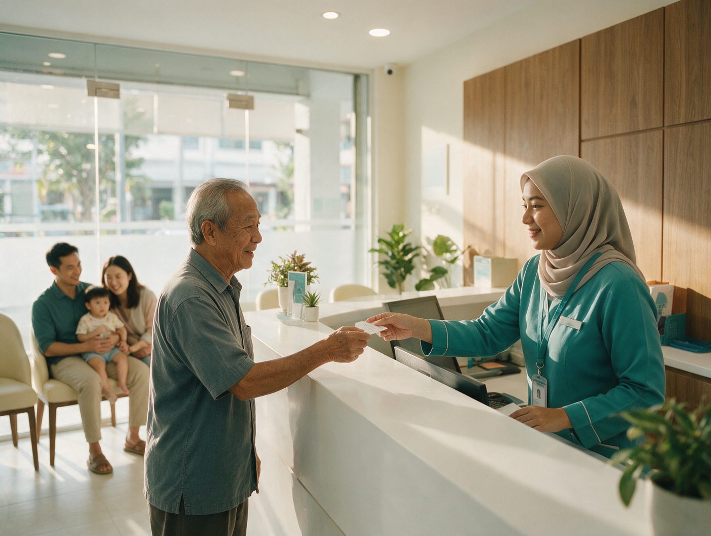 A clinic reception with a receptionist handing a queue card to a patient.