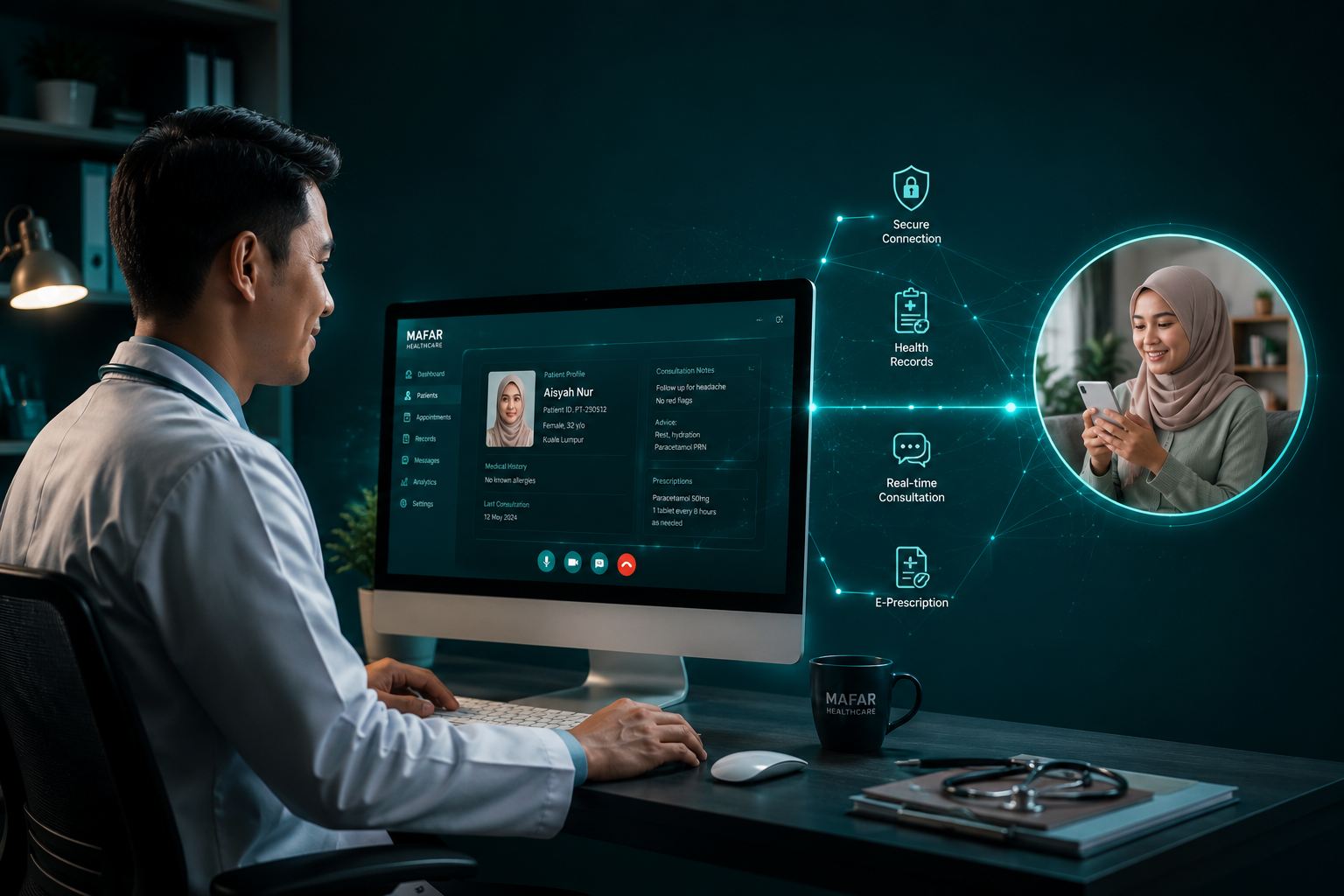 A doctor at a workstation with AI-assisted patient engagement tools.
