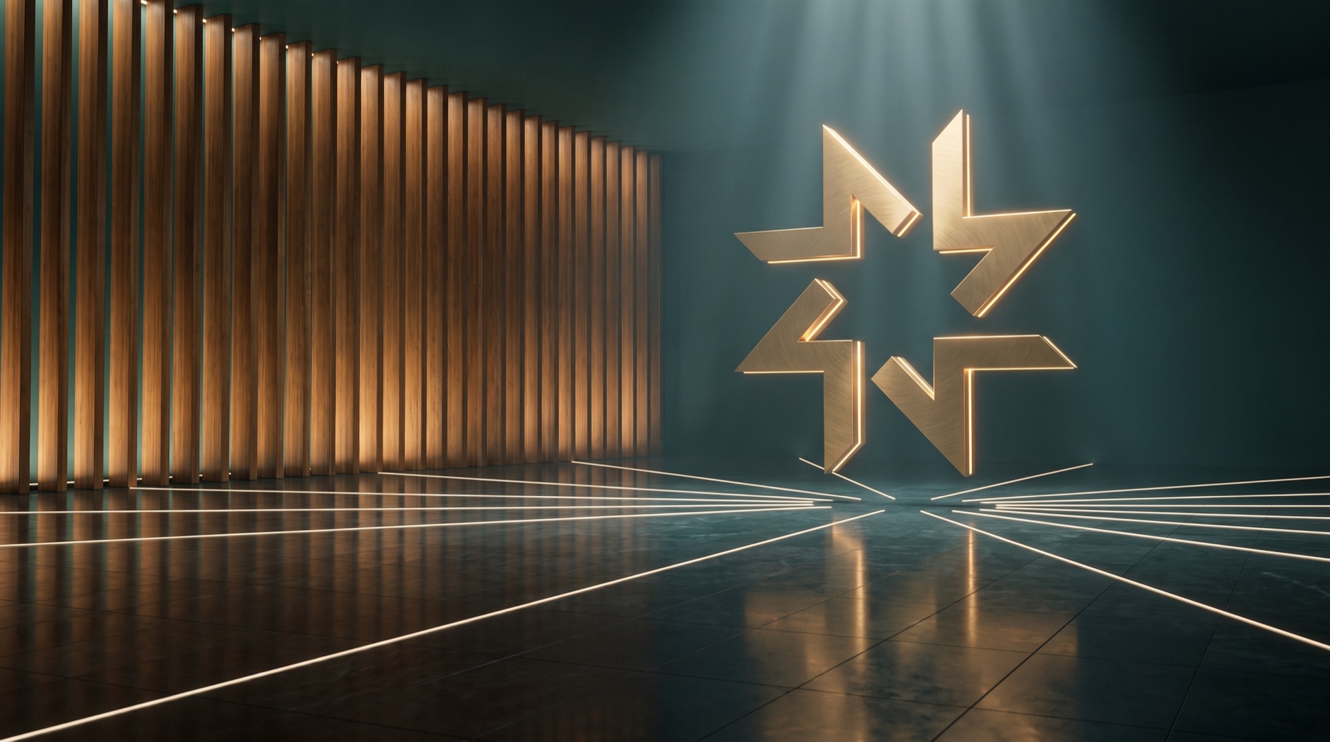 A gold Mafar emblem floating in a teal hall, light lines converging toward it.