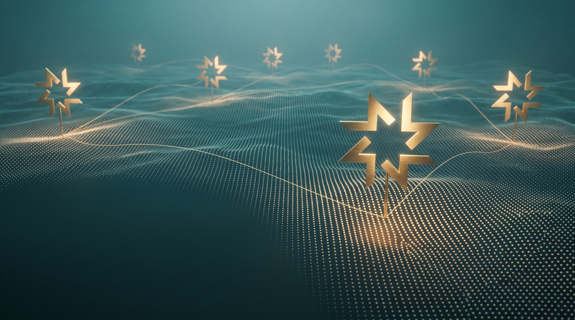 Seven gold Mafar emblems standing across a dotted teal landscape, linked by light.