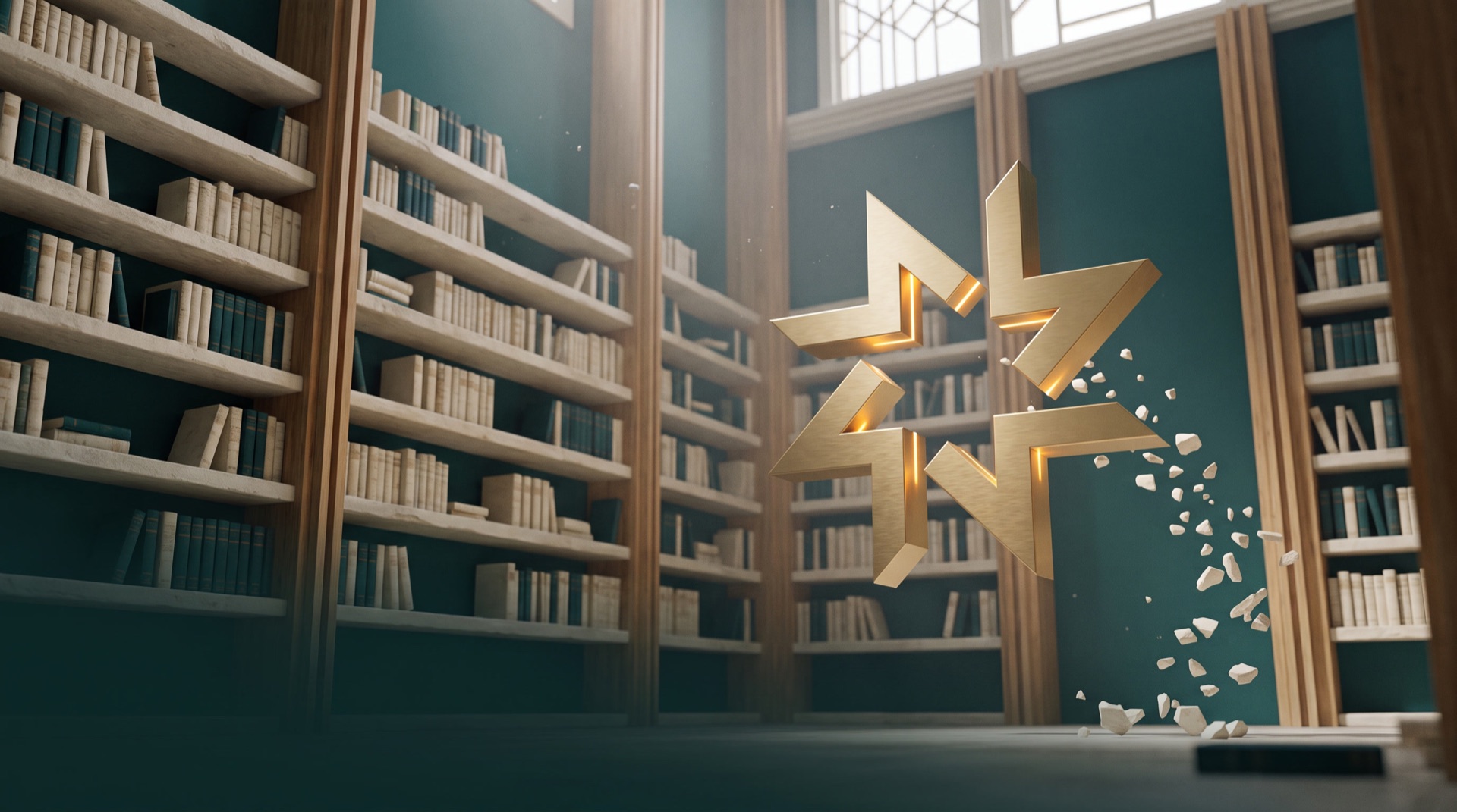 A gold Mafar emblem in a library hall, fragments rising toward it.
